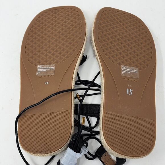 Aerosoles Fanie Lace Up Black Leather Flower Espadrilles Sandals Size 9.5 Black - Picture 12 of 14